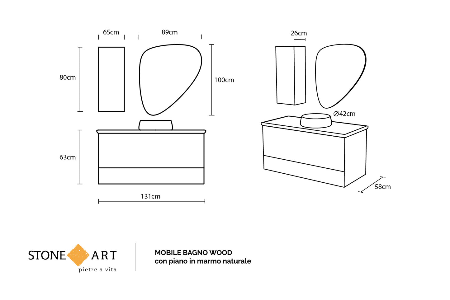 Mobile Bagno WOOD con piano in marmo naturale | Stone Art