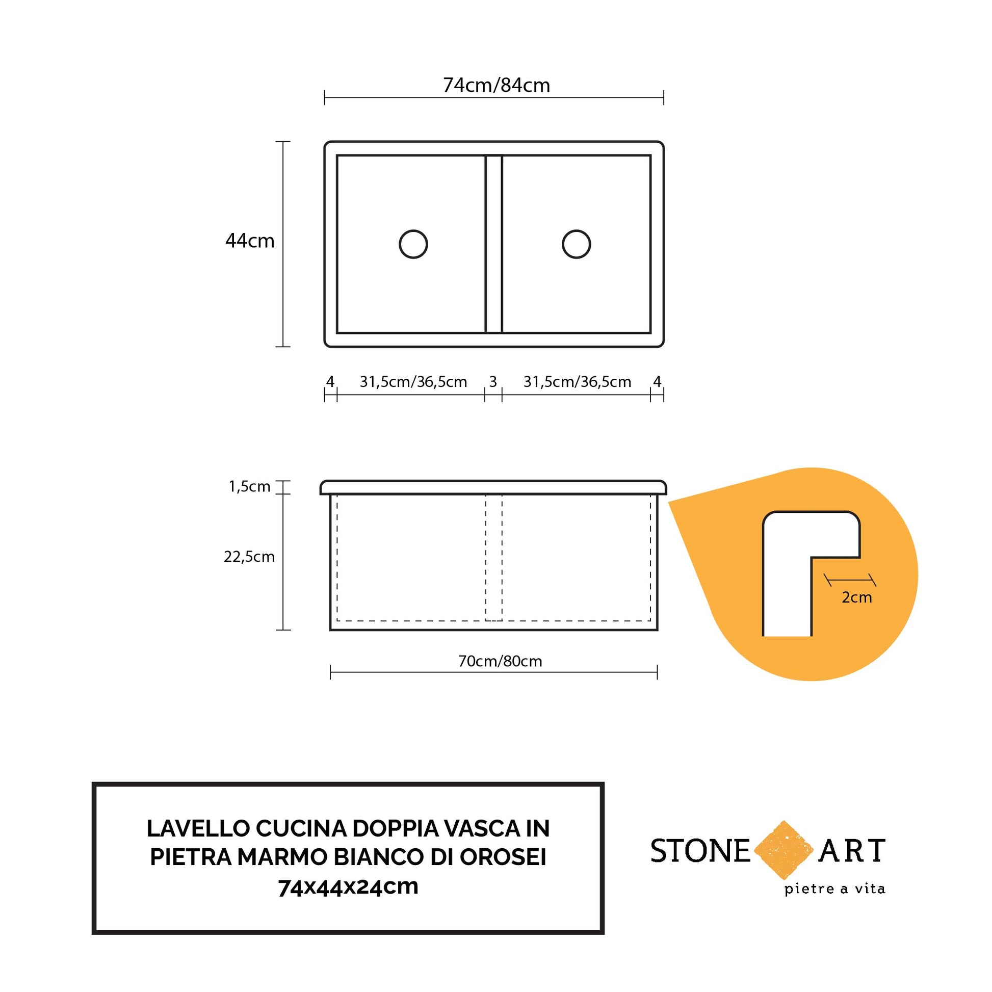 disegni tecnici lavello doppia vasca da incasso in pietra naturale marmo bianco di orosei realizzato da Stone Art