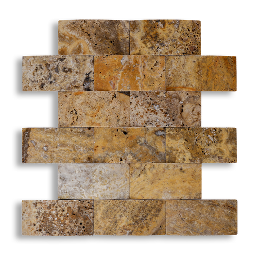 Piastrelle Mosaico Ondulato su rete Pietra Travertino Autunno 5x10 cm | Stone Art