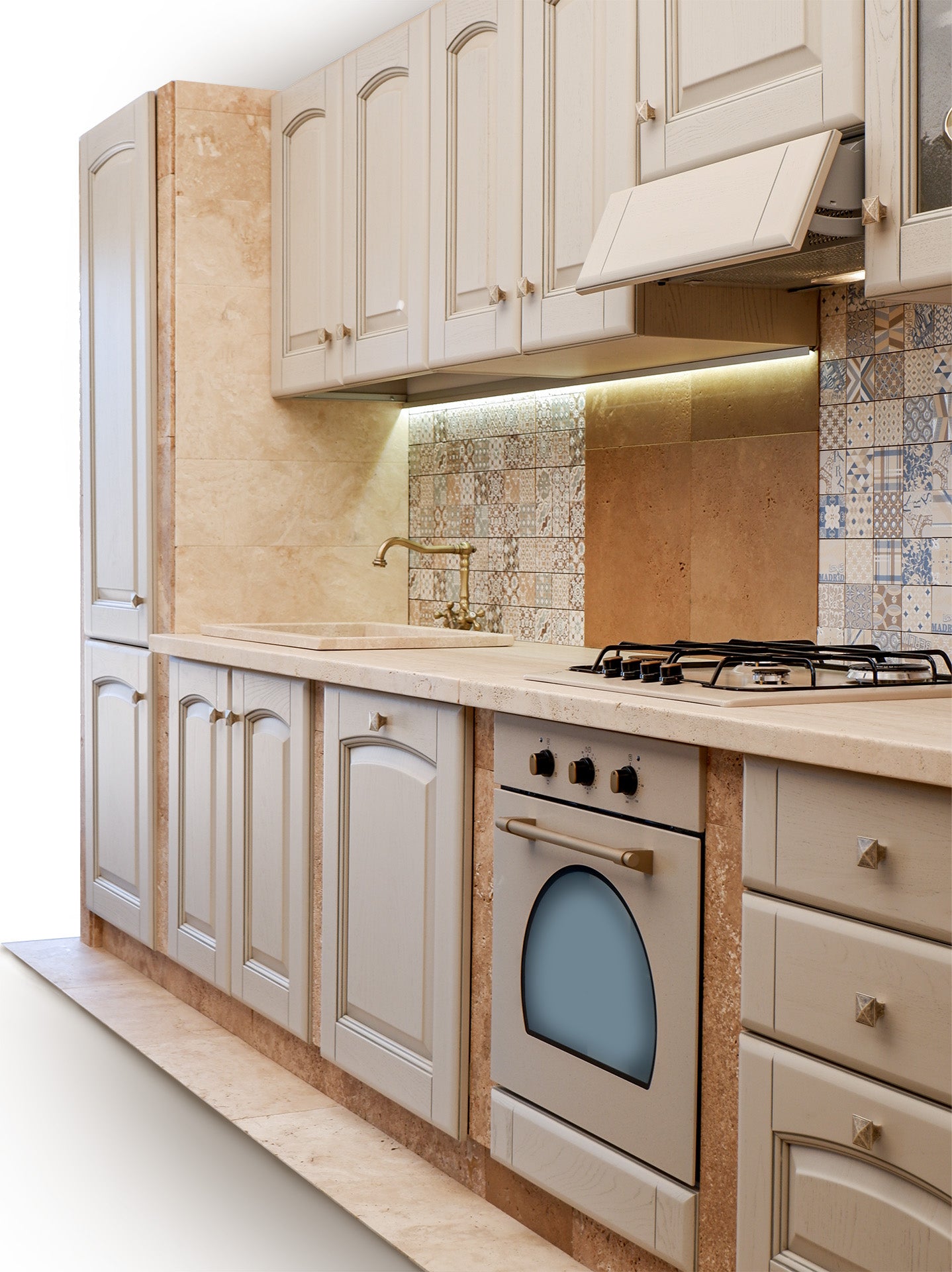 cucina stile classico con top in pietra Travertino chiaro naturale e ante in legno chiaro di stone art