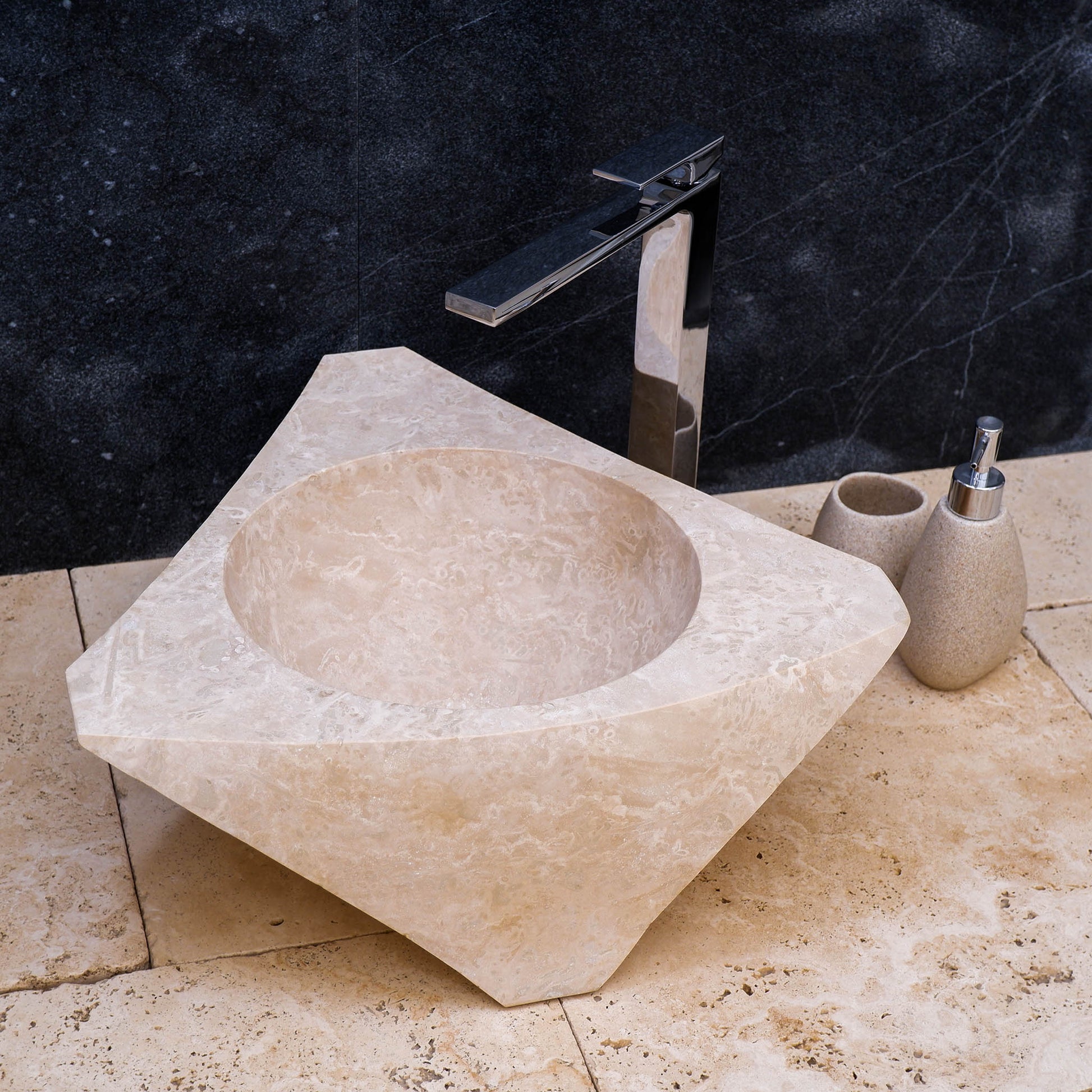 Lavabo appoggio bagno angolo pietra travertino chiaro 45x45x15 cm | Stone Art