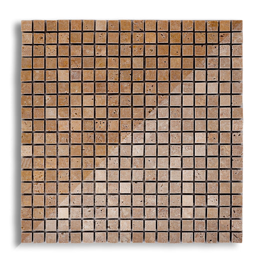 Piastrelle Mosaico su rete Pietra Travertino Noce 1x1,5x1,5 cm | Stone Art