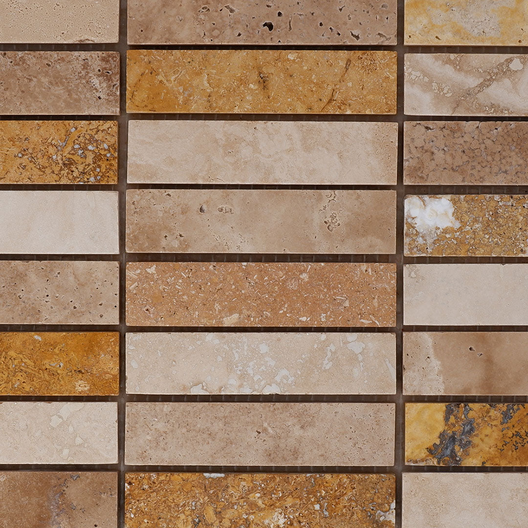 Piastrelle Mosaico su rete Pietra Travertino Mix Color 1x2,3x10 cm | Stone Art