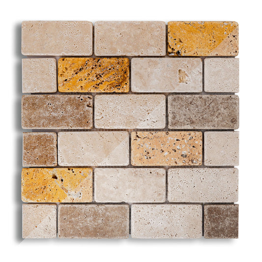 Piastrelle Mosaico su rete Pietra Travertino Mix Color 1x4,8x10 cm | Stone Art