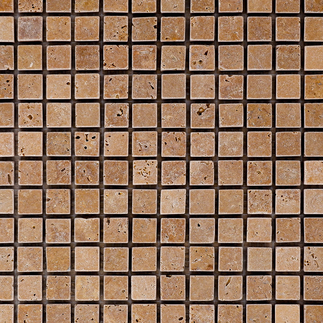 Piastrelle Mosaico su rete Pietra Travertino Noce 1x1,5x1,5 cm | Stone Art