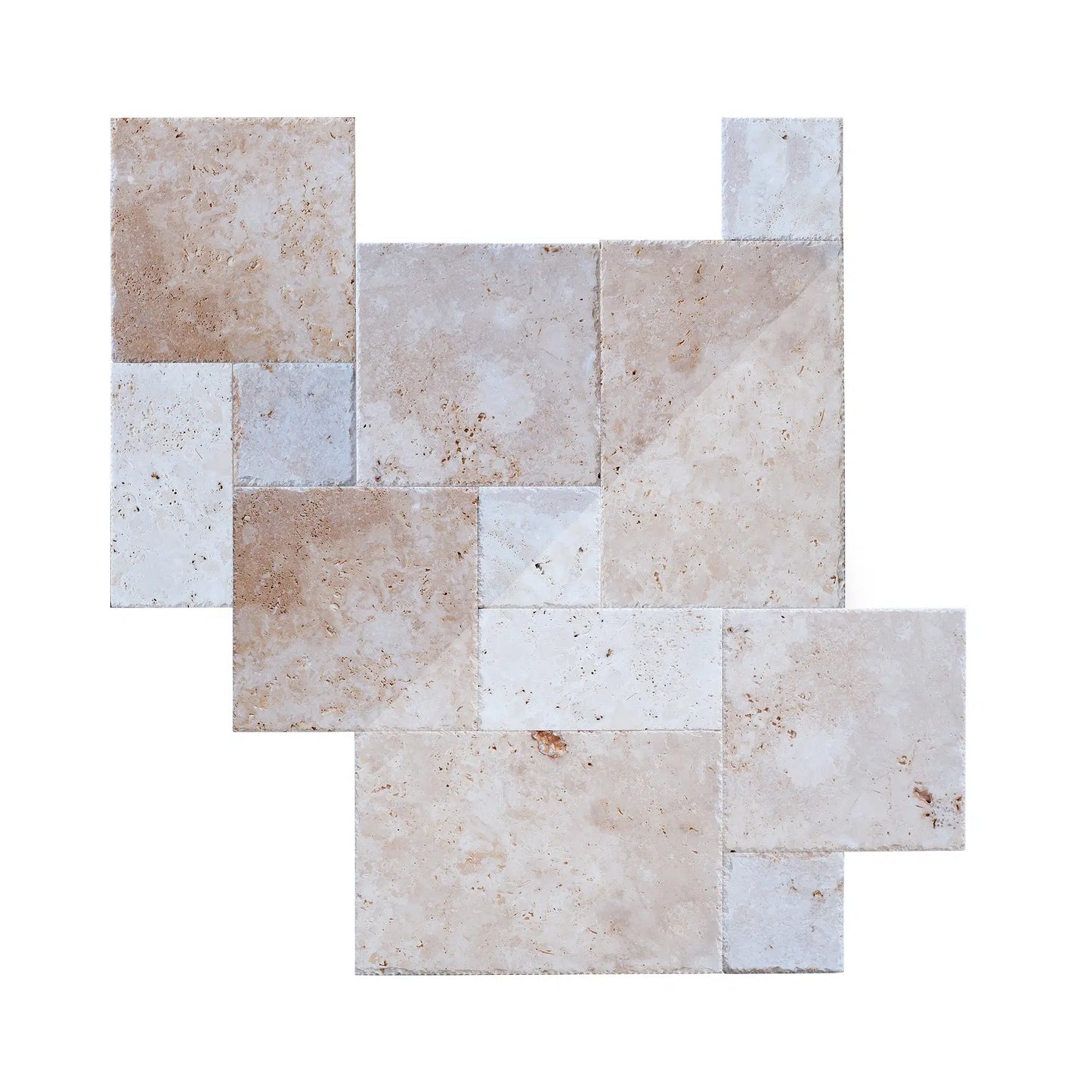 piastrelle per rivestire pareti, pavimenti e superfici in pietra naturale travertino chiaro light con formato opus romano e bordo tranciato e dritto di stone art