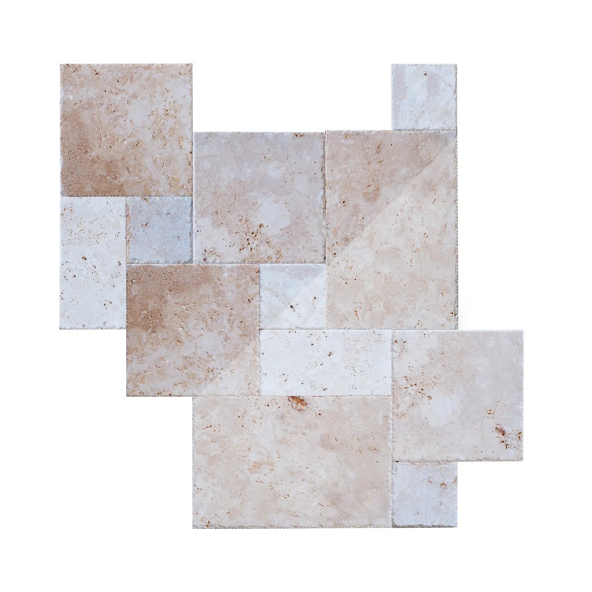 piastrelle per rivestire pareti, pavimenti e superfici in pietra naturale travertino chiaro light con formato opus romano e bordo tranciato e dritto di stone art