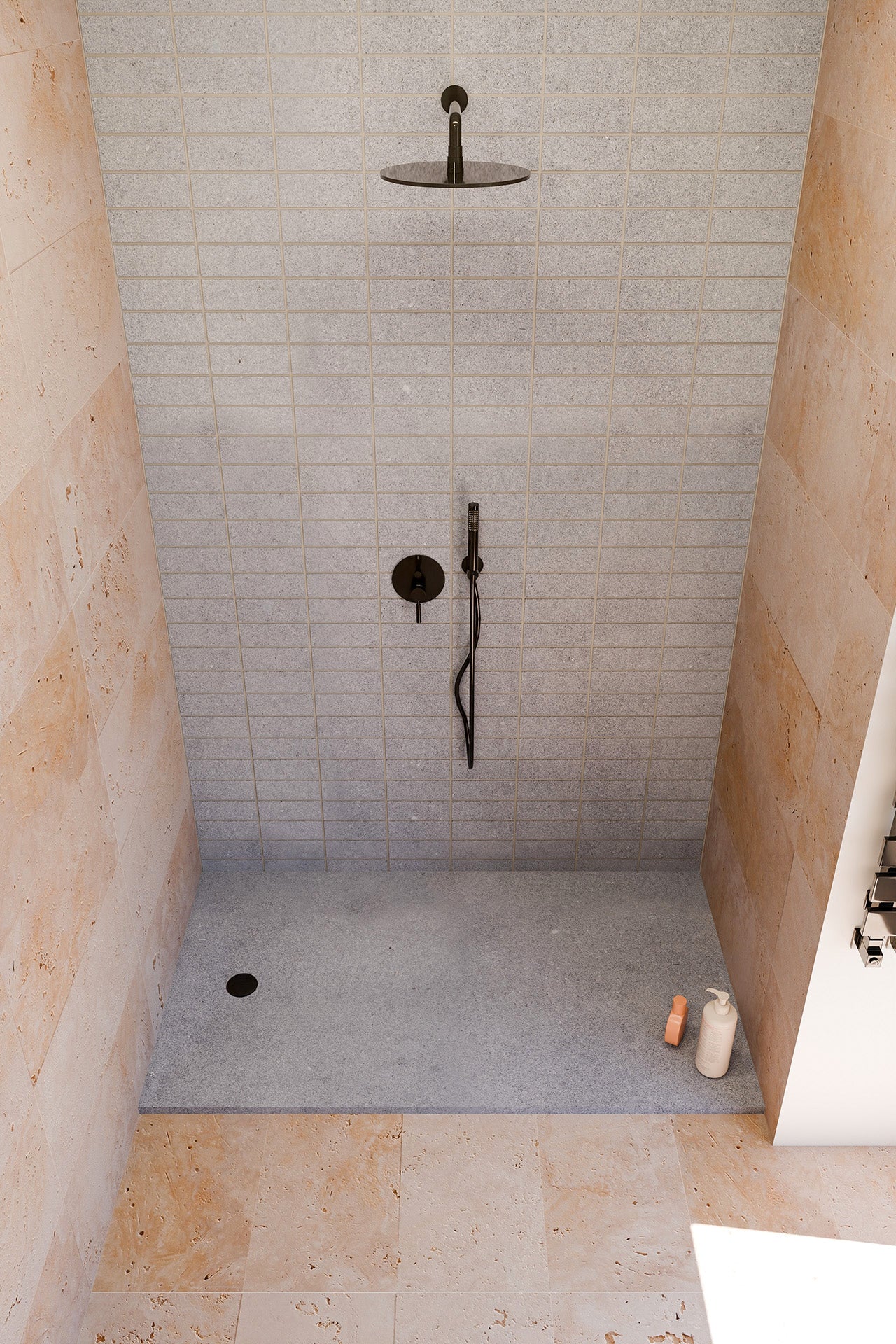Box doccia per Bagno moderno con piatto doccia in pietra lavica Basalto 100% naturale realizzato a mano e su misura da Stone Art.