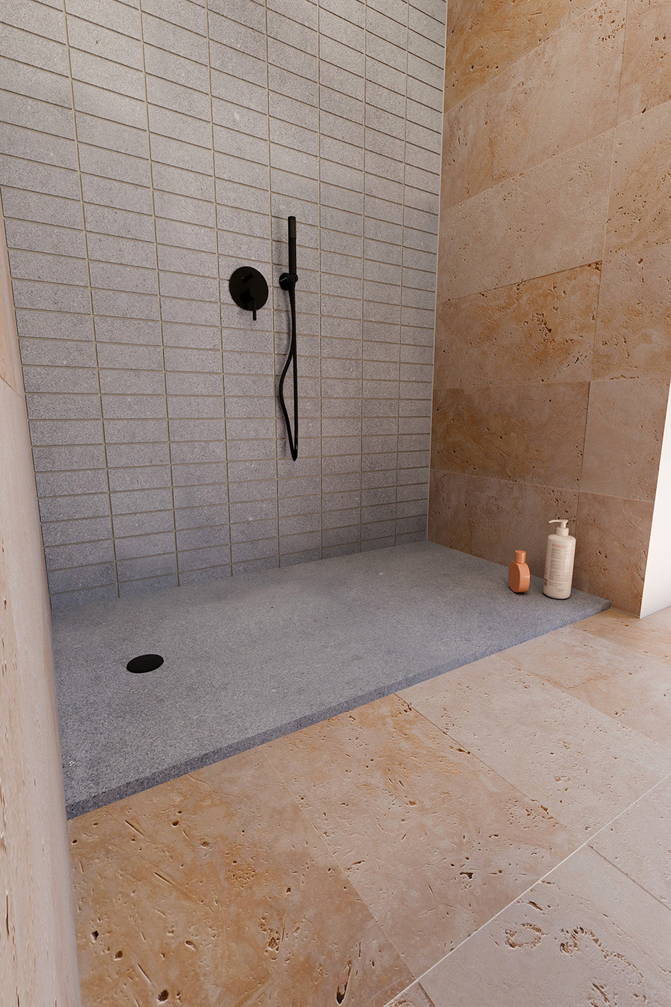 Bagno moderno con piatto doccia in pietra lavica Basalto 100% naturale realizzato a mano e su misura da Stone Art.