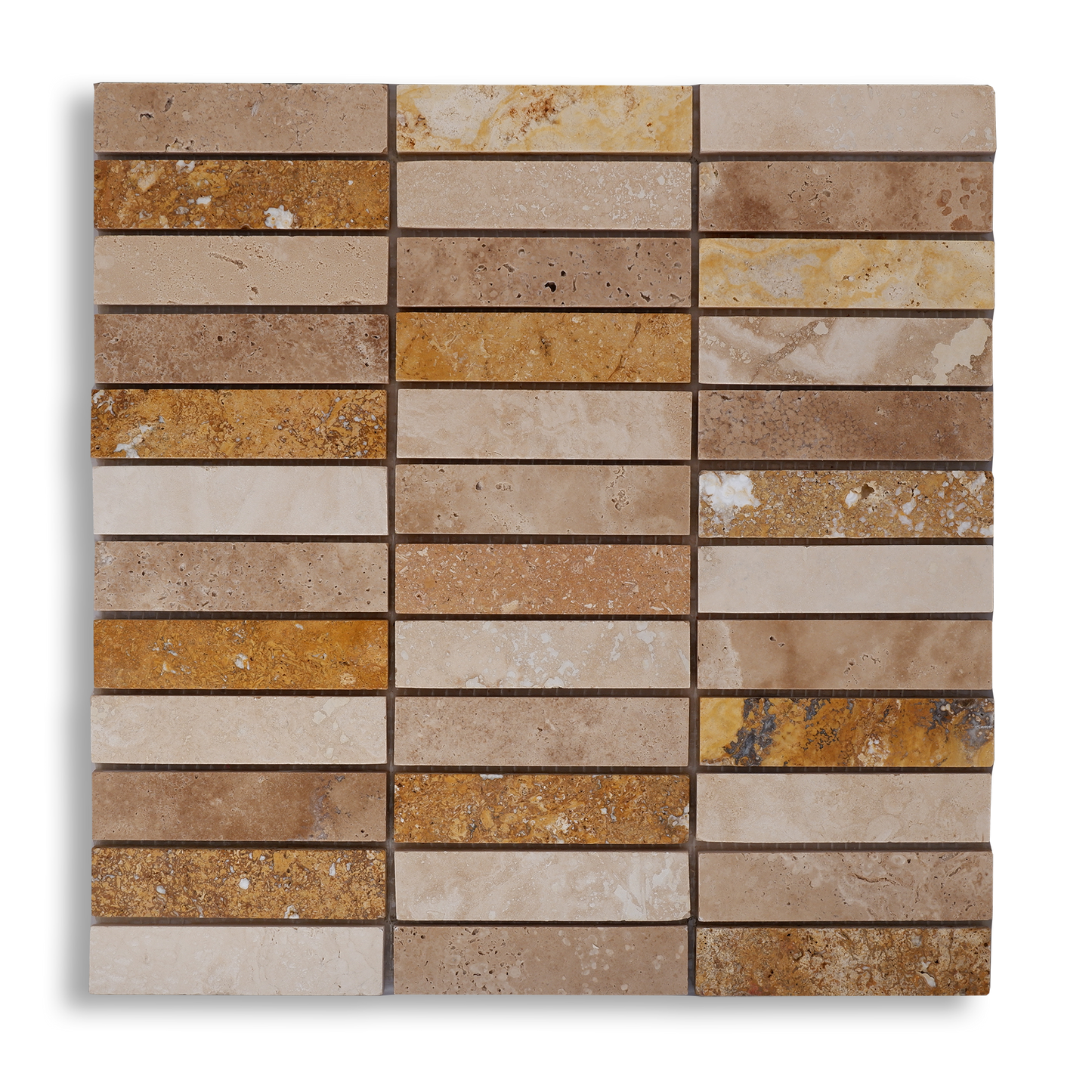 Piastrelle Mosaico su rete Pietra Travertino Mix Color 1x2,3x10 cm | Stone Art - STONE ART