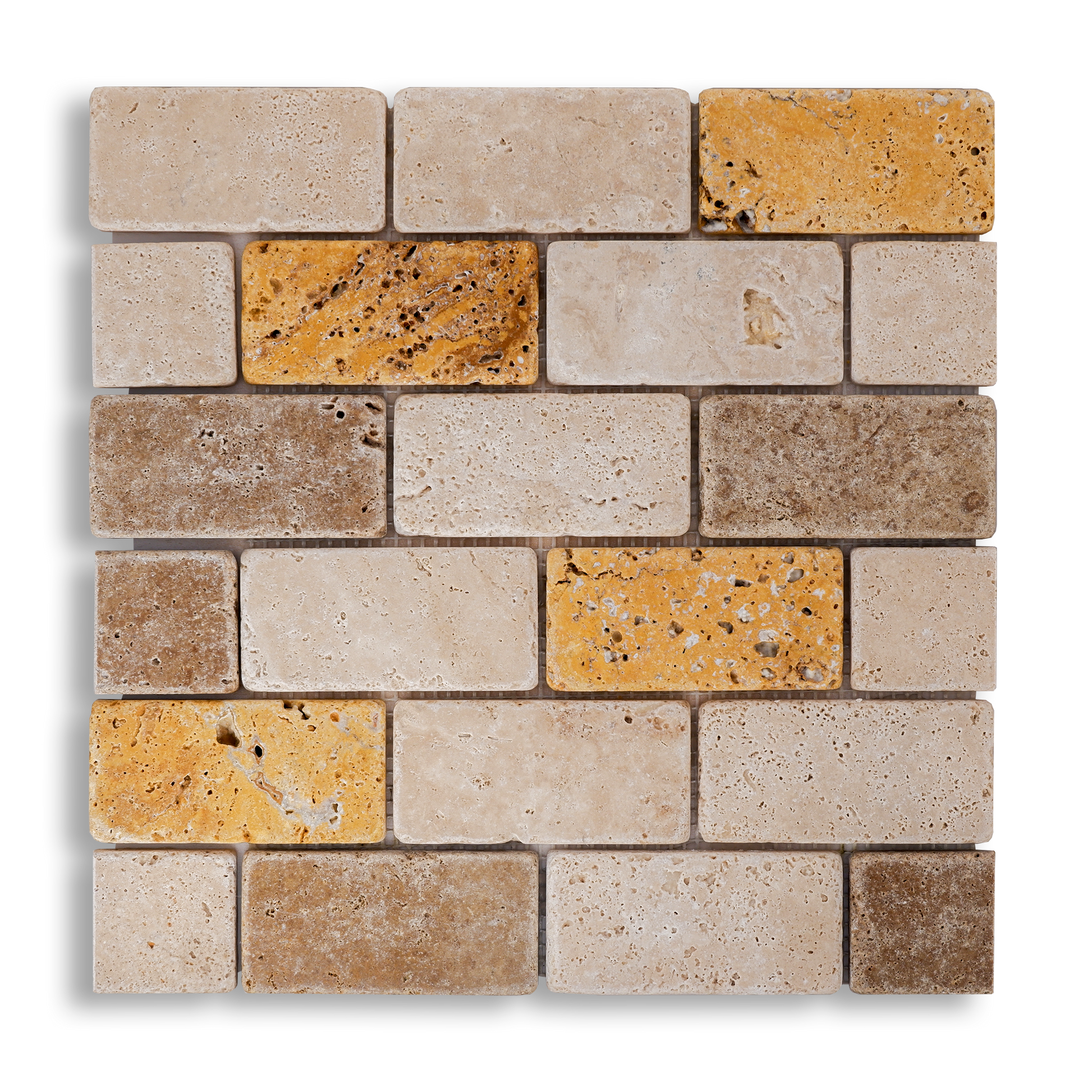 Piastrelle Mosaico su rete Pietra Travertino Mix Color 1x4,8x10 cm | Stone Art