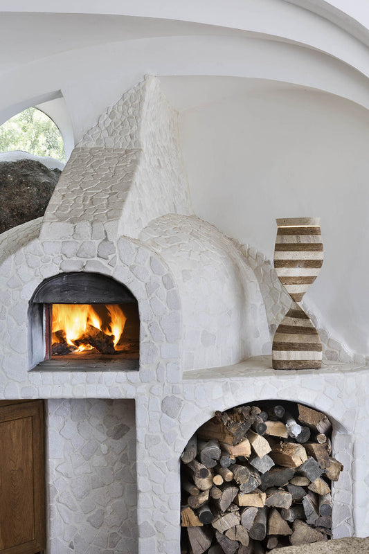 Scultura Lampada bassa in pietra naturale Travertino Chiaro e Noce| Stone Art