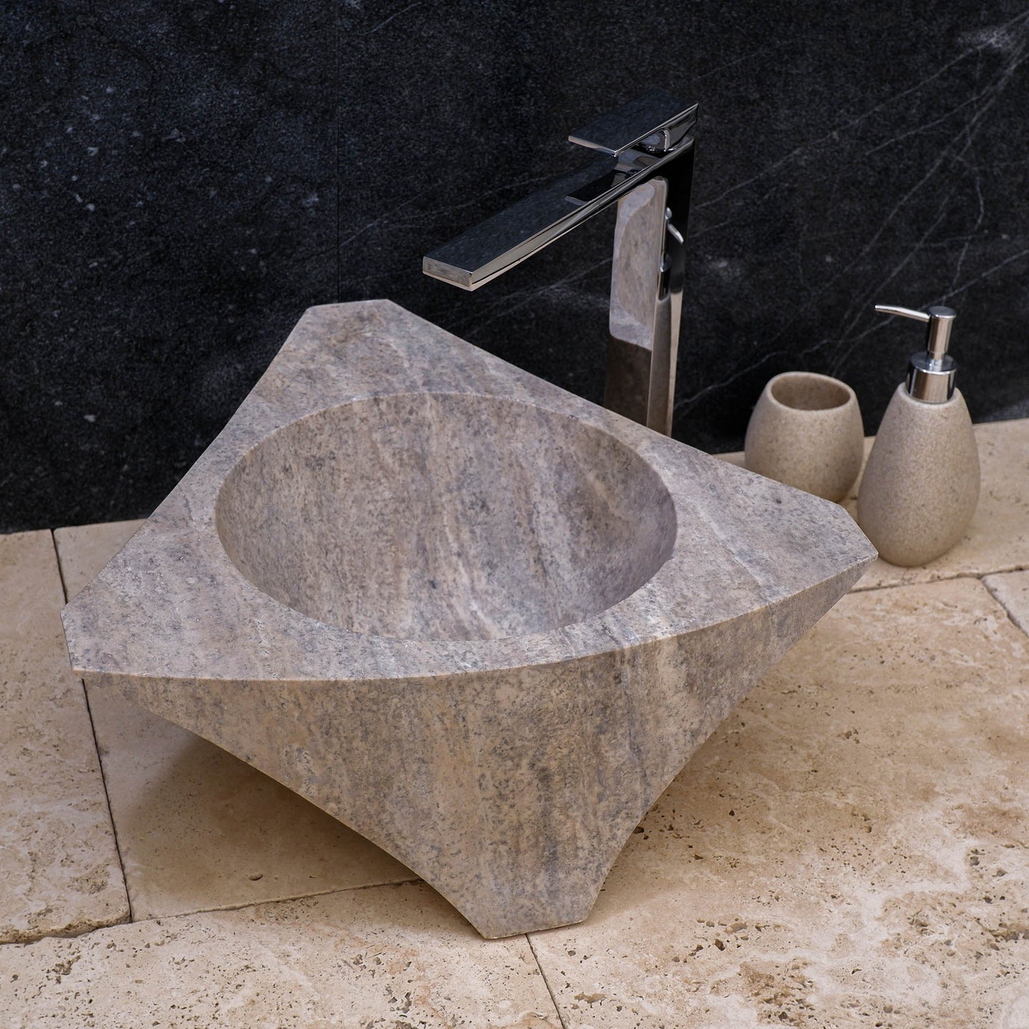 Lavabo appoggio bagno angolo pietra travertino silver 45x45x15 cm