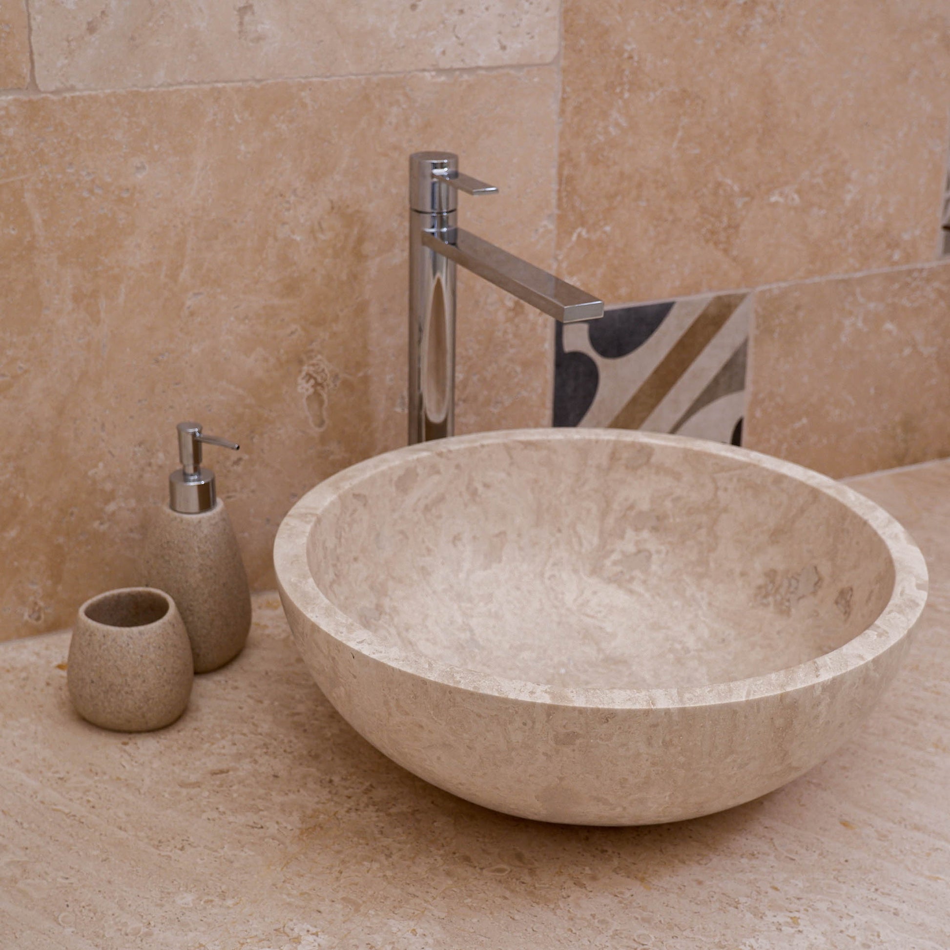 lavabo tondo per bagno da appoggio in travertino chiaro 42x42x15 cm Stone Art