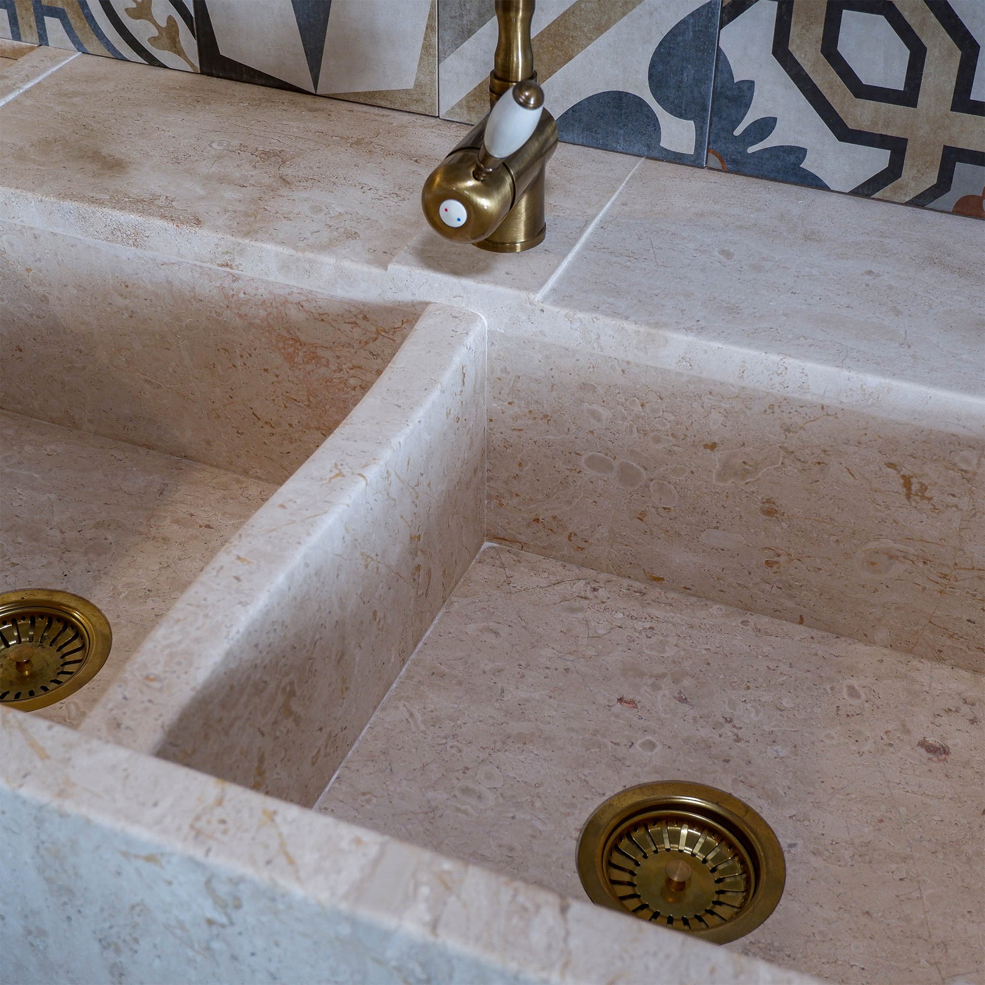 Lavello Cucina doppia vasca in Pietra Marmo Bianco di Orosei 90x65x23 cm | Stone Art