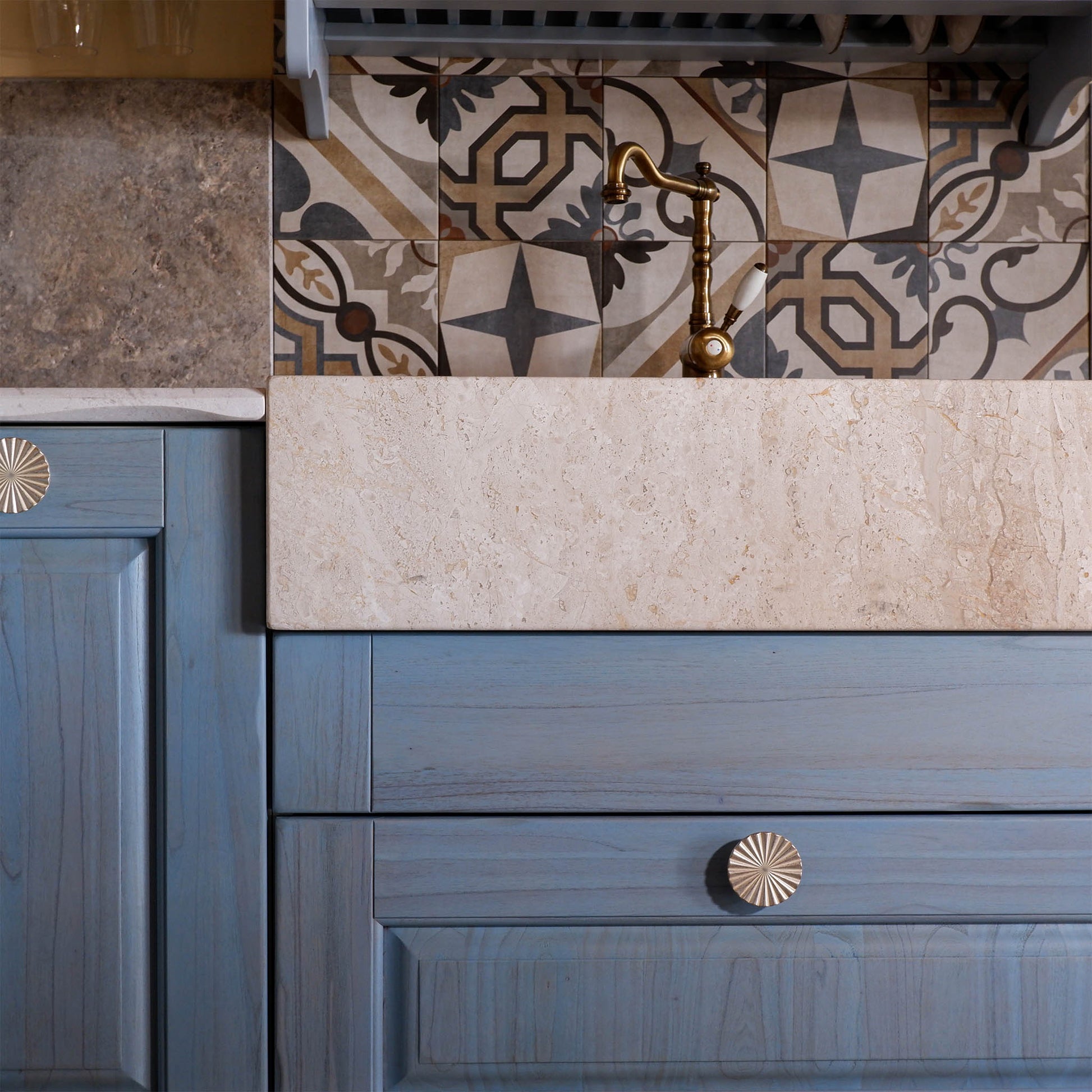 Lavello Cucina doppia vasca in Pietra Marmo Bianco di Orosei 90x65x23 cm | Stone Art
