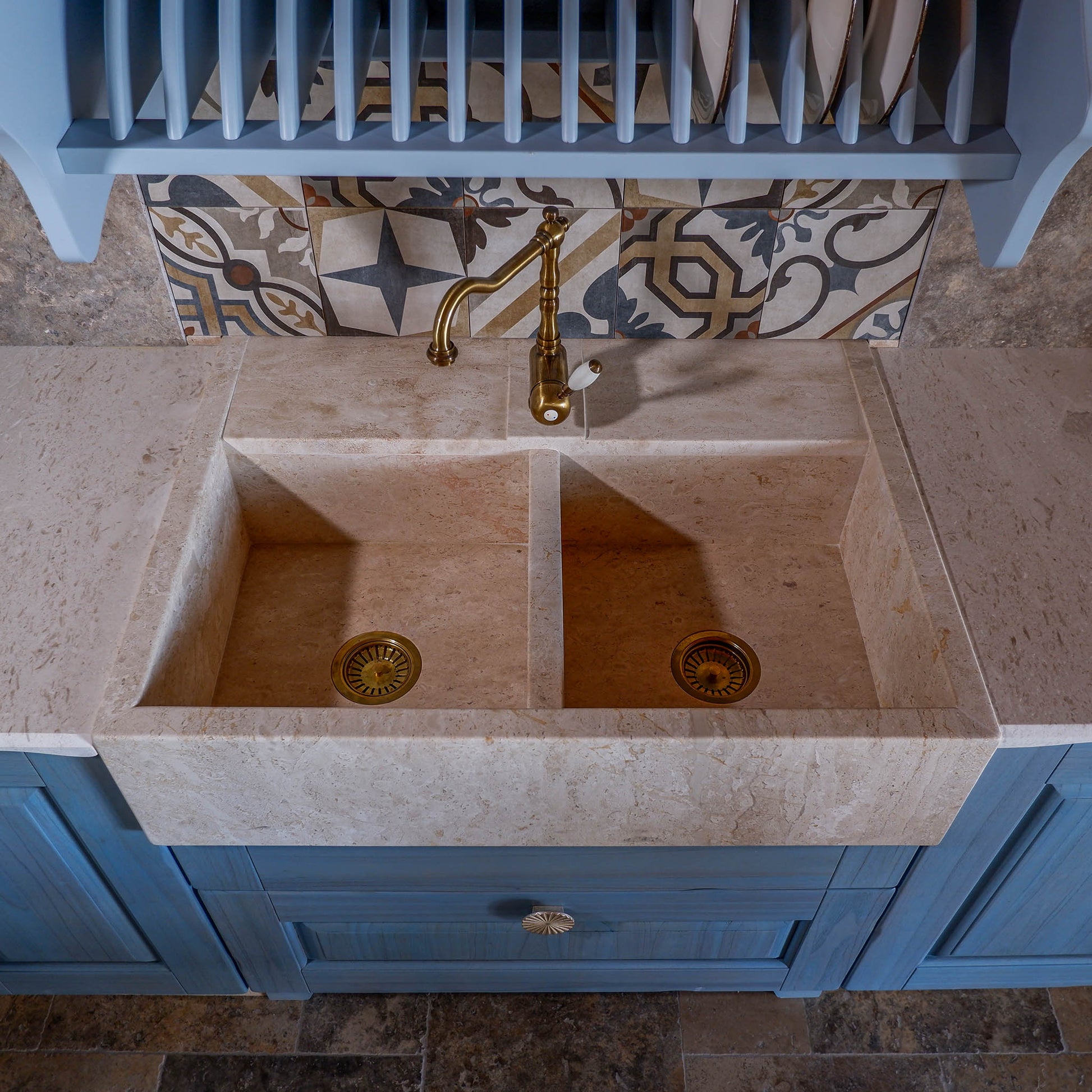 Lavello Cucina doppia vasca in Pietra Marmo Bianco di Orosei 90x65x23 cm | Stone Art