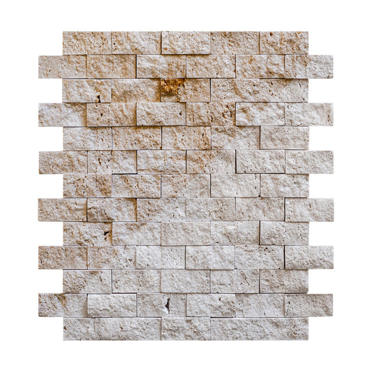 Mosaico su rete Pietra Travertino Chiaro a spacco 1x2,5x5cm | Stone Art