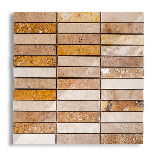 Piastrelle Mosaico su rete Pietra Travertino Mix Color 1x2,3x10 cm (1 foglio)