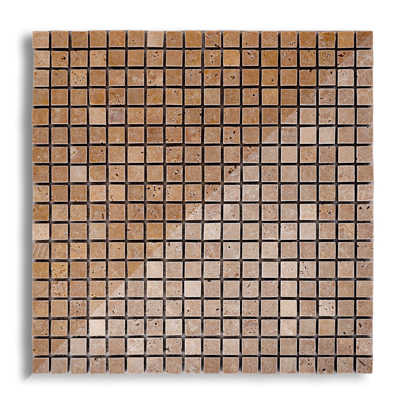 Piastrelle Mosaico su rete Pietra Travertino Noce 1x1,5x1,5 cm | Stone Art