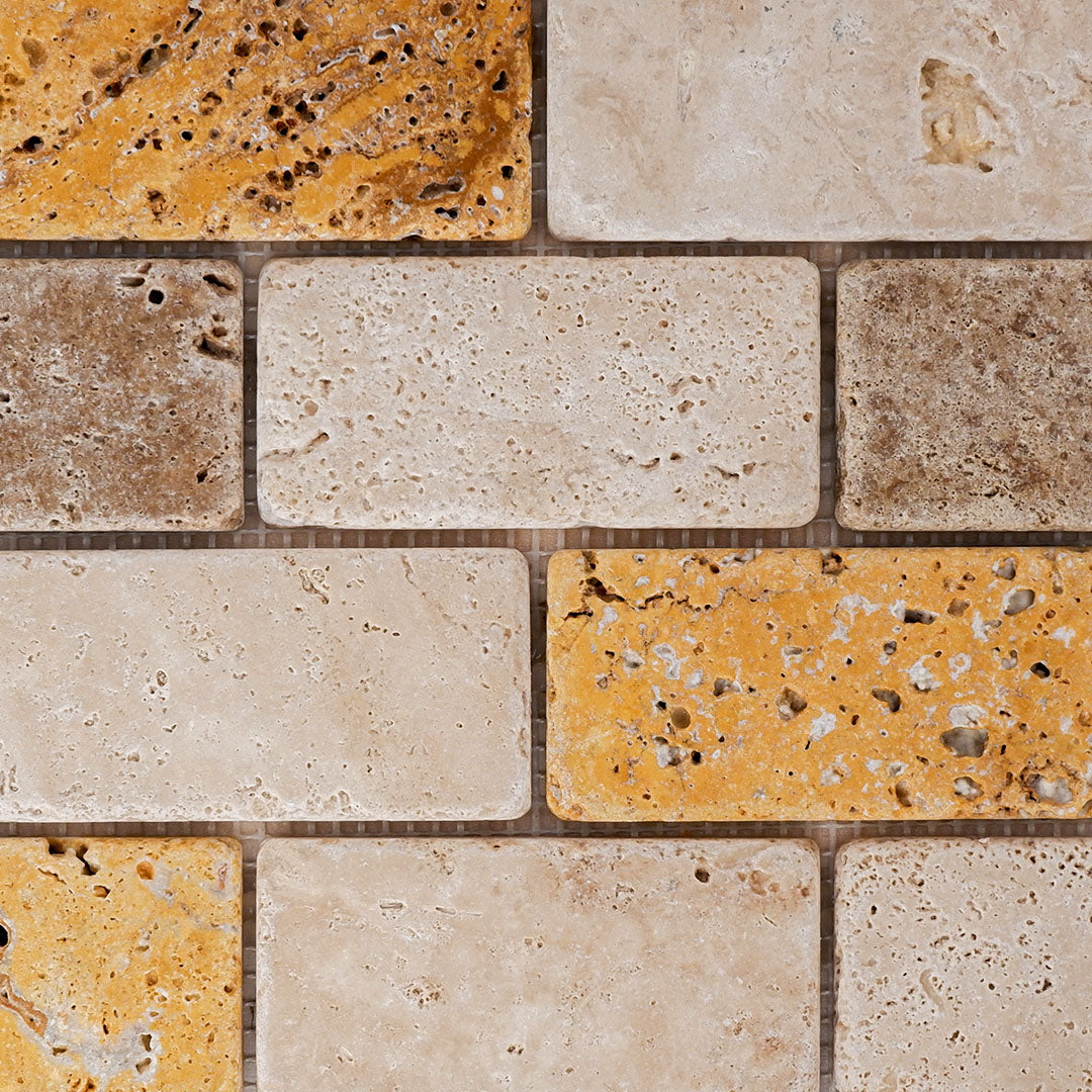 Piastrelle Mosaico su rete Pietra Travertino Mix Color 1x4,8x10 cm | Stone Art
