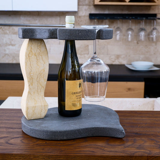 Portabottiglie Vino e Calici in pietra Basalto e Marmo Giallo | Stone Art